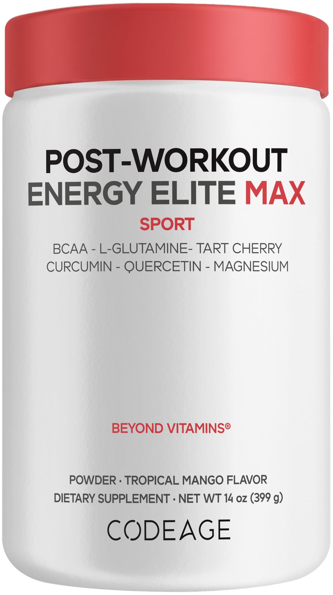Codeage Post-Workout Recovery Elite Max - BCAA, L-Glutamine, Tart Cherry, Curcumin, Quercetin, Magnesium, Potassium - Muscle Recovery Post Workout Supplement Powder - Tropical Mango Flavor - 14 oz