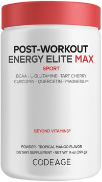 Thumbnail for Codeage Post-Workout Recovery Elite Max - BCAA, L-Glutamine, Tart Cherry, Curcumin, Quercetin, Magnesium, Potassium - Muscle Recovery Post Workout Supplement Powder - Tropical Mango Flavor - 14 oz