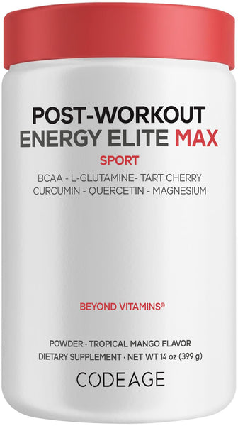 Codeage Post-Workout Recovery Elite Max - BCAA, L-Glutamine, Tart Cherry, Curcumin, Quercetin, Magnesium, Potassium - Muscle Recovery Post Workout Supplement Powder - Tropical Mango Flavor - 14 oz