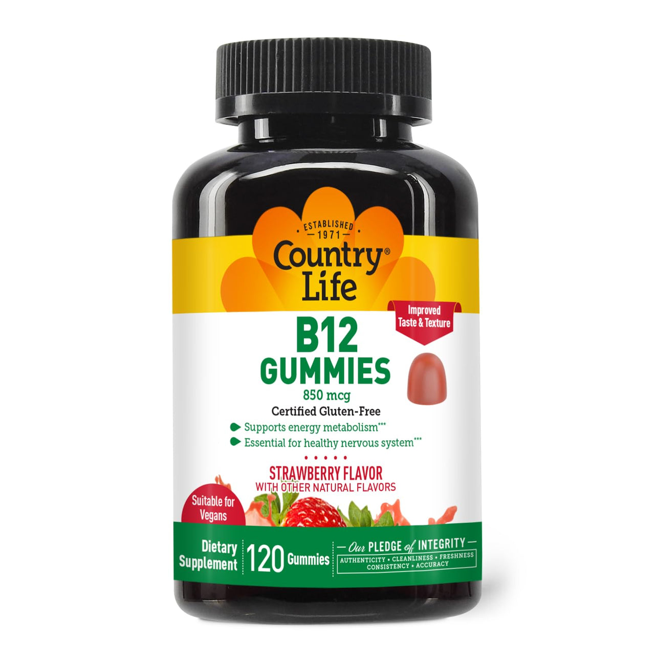 Country Life Vitamin B12 Gummies – 850 mcg Cyanocobalamin, 120 Count – Vegan, Gluten-Free Gummy Supplement for Energy Metabolism & Nervous System Support – Natural Strawberry Flavor, 2g Sugar