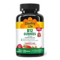 Thumbnail for Country Life Vitamin B12 Gummies – 850 mcg Cyanocobalamin, 120 Count – Vegan, Gluten-Free Gummy Supplement for Energy Metabolism & Nervous System Support – Natural Strawberry Flavor, 2g Sugar