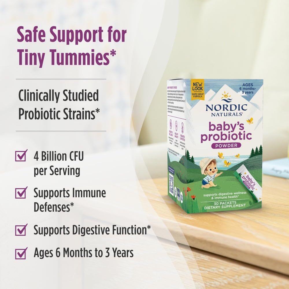 Nordic Naturals Baby’s Nordic Flora Probiotic Powder, Unflavored - 30 Packets - 4 Billion CFU - Digestive Health & Immune Support for Babies & Toddlers (6 Months to 3 Years) - 30 Servings