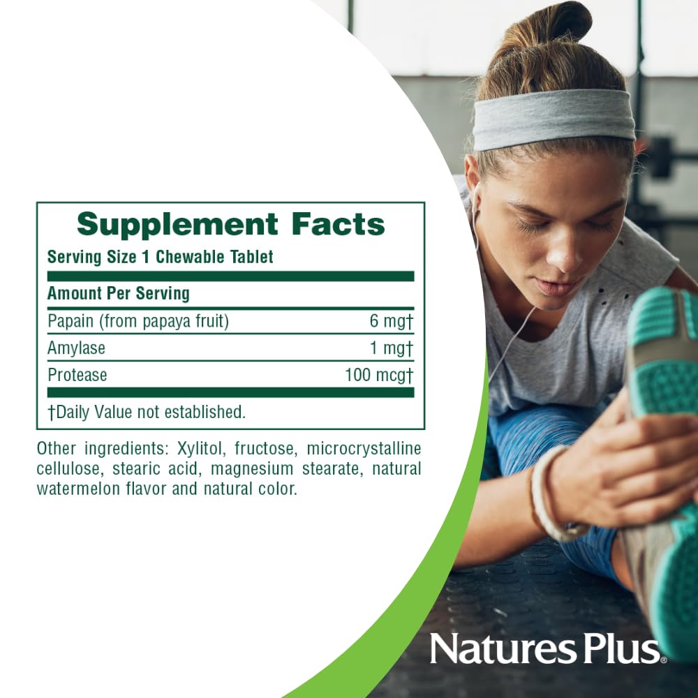 NaturesPlus Papaya Enzyme - 180 Chewable Tablets - Digestive Aid Supplement with Amylase & Protease - Helps Reduce Gas, Bloating, Stomach Upset & Discomfort - Vegan, Gluten Free - 180 Servings