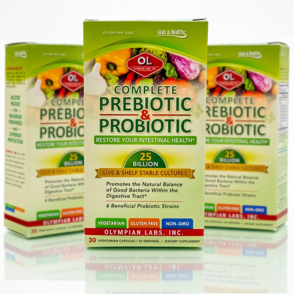 Olympian Labs Complete Prebiotic and Probiotic Supplement - 25 Billion Live Shelf Stable Cultures - 30 Vegetarian Capsules, Helps Restore the Natural Balance Within the Digestive Tract.
