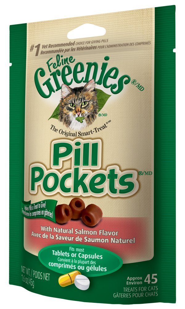 Greenies Feline Pill Pockets for Cats Natural Soft Cat Treats, Salmon Flavor, 1.6 oz. Pouch (45 Treats)
