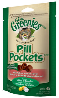 Thumbnail for Greenies Feline Pill Pockets for Cats Natural Soft Cat Treats, Salmon Flavor, 1.6 oz. Pouch (45 Treats)