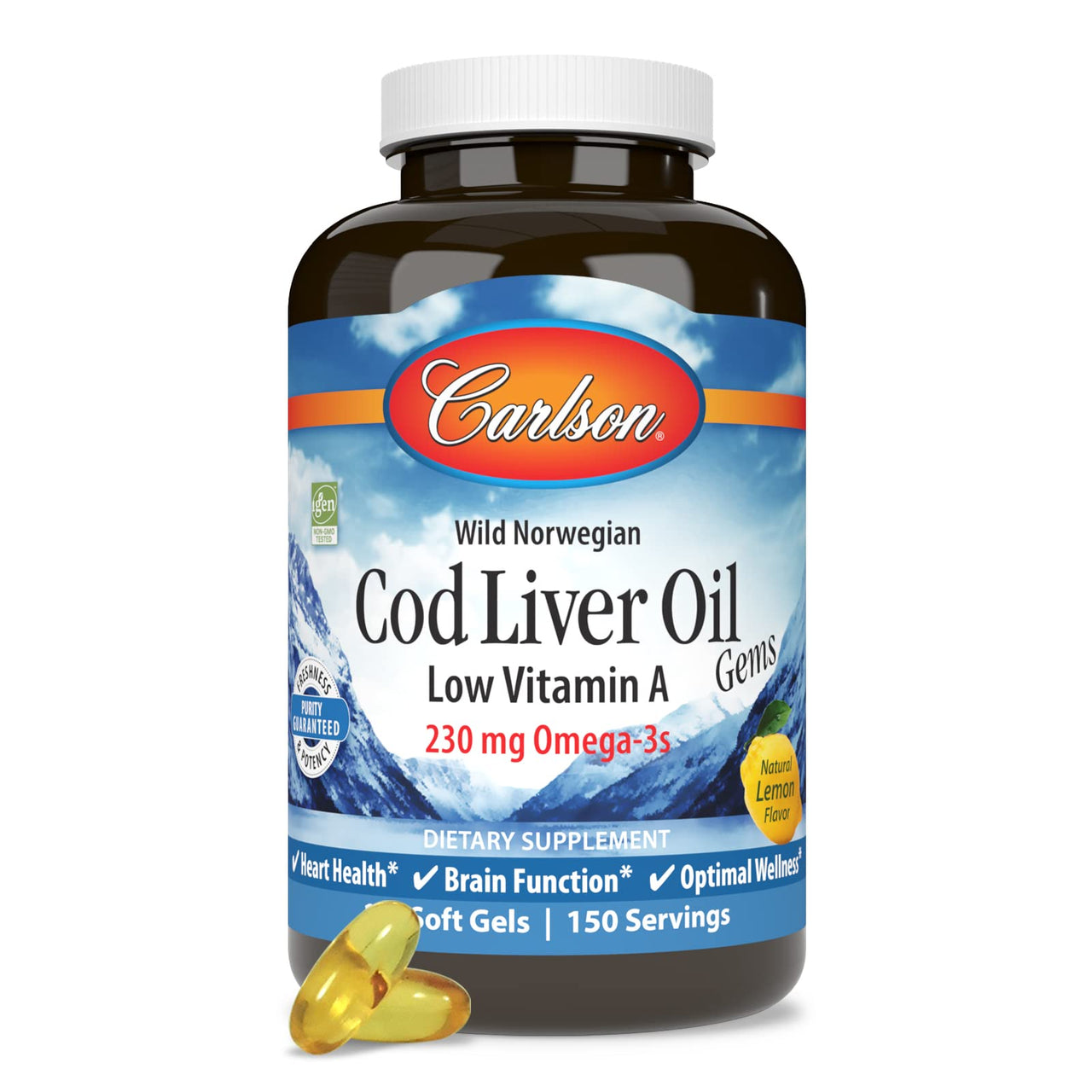 Carlson - Cod Liver Oil Gems, Low Vitamin A, 230 mg Omega-3s, Norwegian, Wild Caught, Sustainably Sourced, 150 Softgels