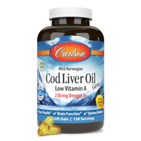 Thumbnail for Carlson - Cod Liver Oil Gems, Low Vitamin A, 230 mg Omega-3s, Norwegian, Wild Caught, Sustainably Sourced, 150 Softgels