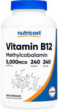 Thumbnail for Nutricost Vitamin B12 (Methylcobalamin) 5000mcg, 240 Capsules - Vegetarian Caps, Non-GMO, Gluten Free B12 Supplement