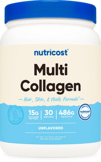 Thumbnail for Nutricost Multi Collagen Protein Complex (Unflavored, 30 Servings) - Supplement with Biotin, Hyaluronic Acid, and Collagen Peptides
