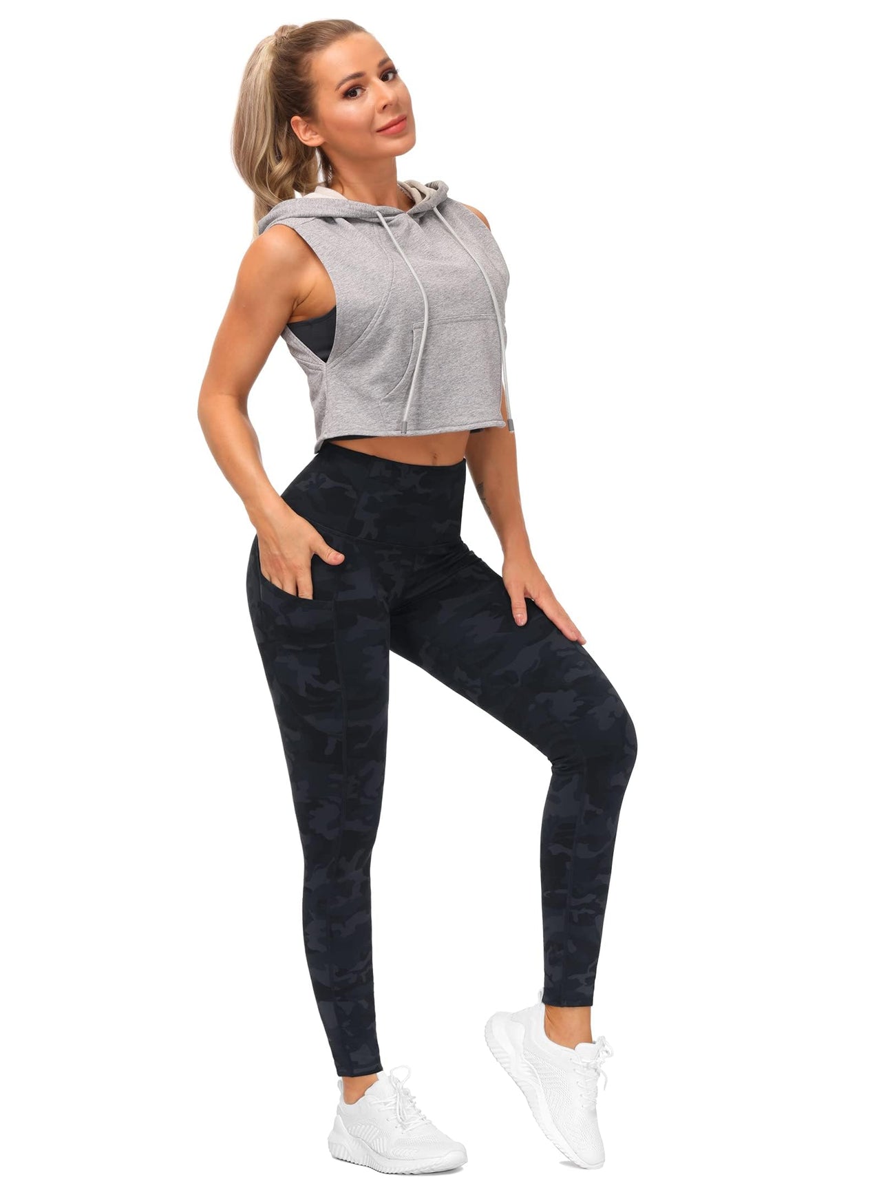 THE GYM PEOPLE Thick High Waist Yoga Pants with Pockets, Tummy Control Workout Running Yoga Leggings for Women (Medium, Black-Grey Camo)