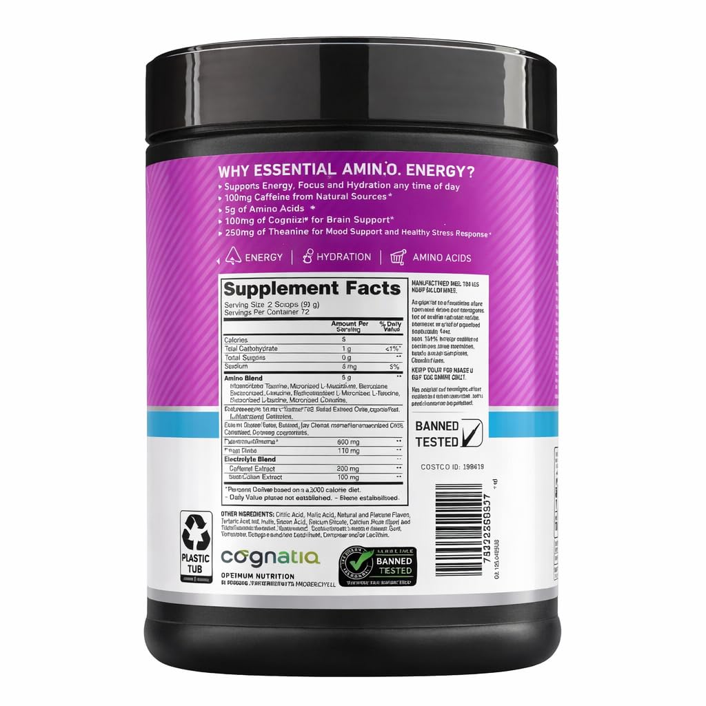 Optimum Nutrition Amino Energy Powder Plus Focus, with BCAA, Electrolytes, and Caffeine, Grape, 1.42 LB,72 Servings (Packaging May Vary)
