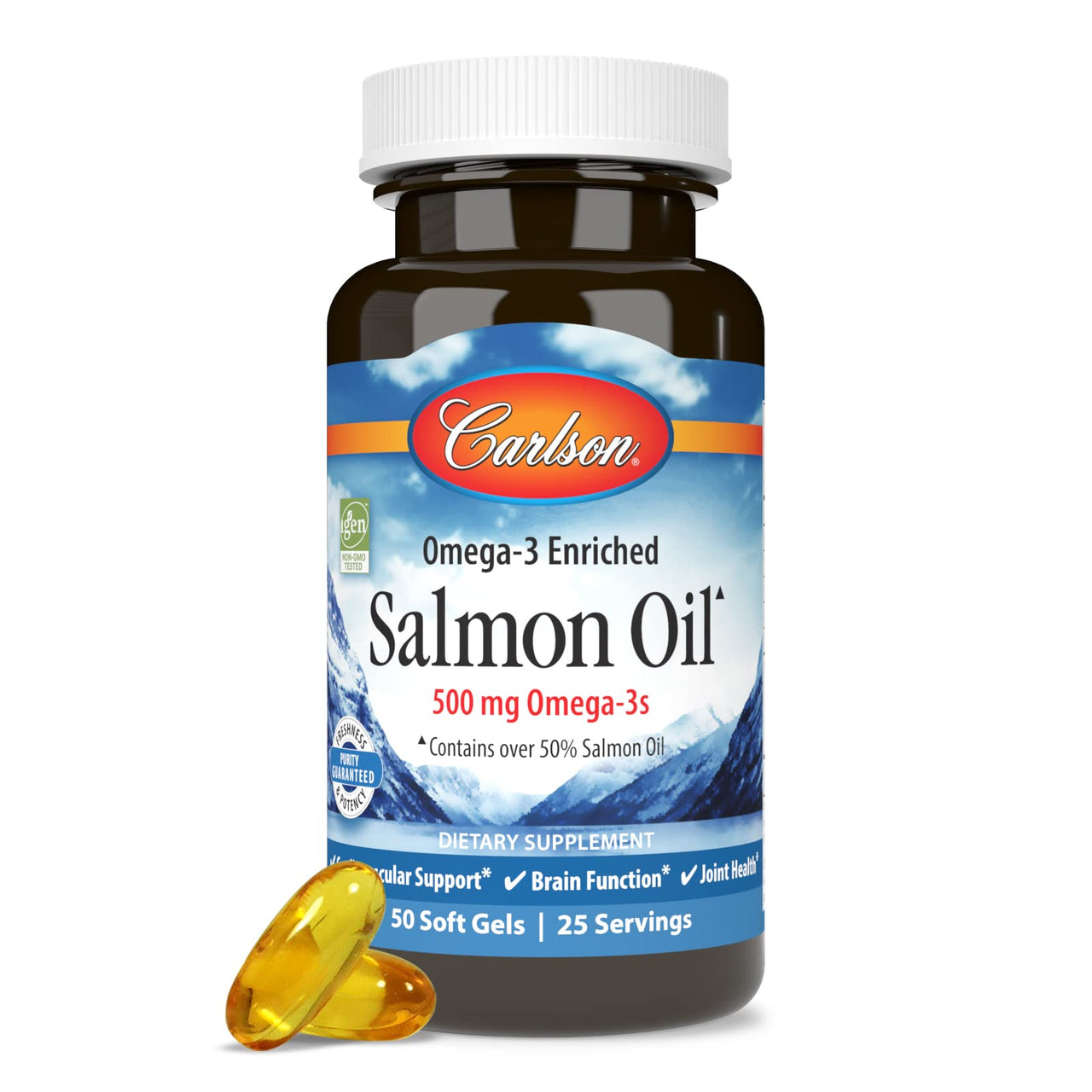 Carlson Salmon Oil, 500mg Omega-3s, Wild-Caught Norwegian Fish Oil, Sustainably Sourced, 50 Softgels