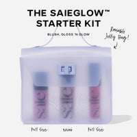 Thumbnail for Saie SaieGlow Starter Makeup Kit - Glowy Super Gel, Dew Blush, and Glossybounce Lip Gloss - Essential Makeup Set in a Mini Reusable Jelly Travel Bag (3 Count)