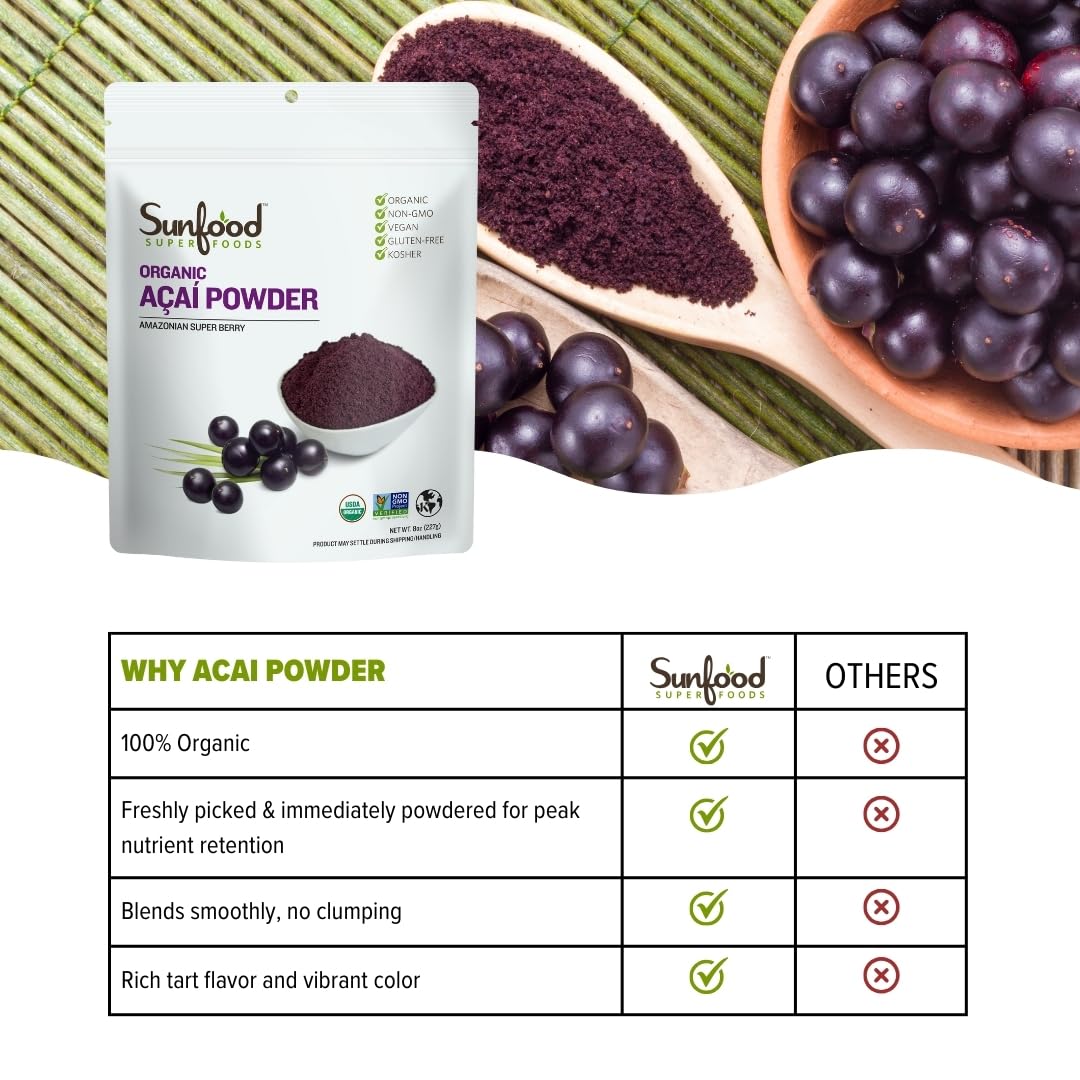 Sunfood Superfoods Organic Acai Powder - Acai Powder Organic, Acai Powder for Smoothie Bowles, Dried Acai Berry Mix with Antioxidants & Vitamin C, 100% Pure, USDA Organic, Non GMO - 4 Oz Bag