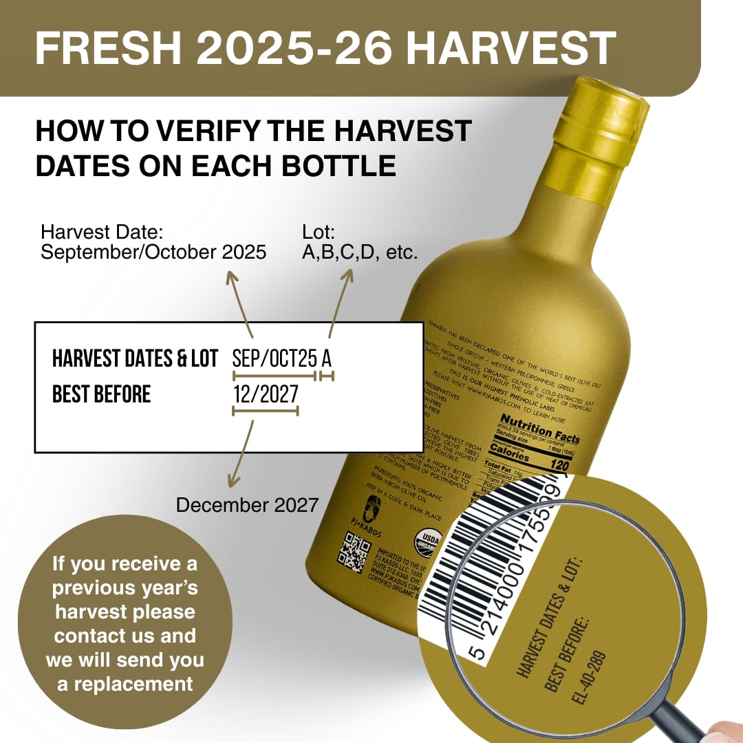 Image 2 of P.J. KABOS 2025/26 Fresh Harvest, Extremely High Phenolic (900+ mg/kg), USDA Organic Greek Extra Virgin Olive Oil, Kosher, Cold Extracted, 16.9oz Glass Bottle, PJ KABOS “Family Reserve Organic - Phenolic Shot”
