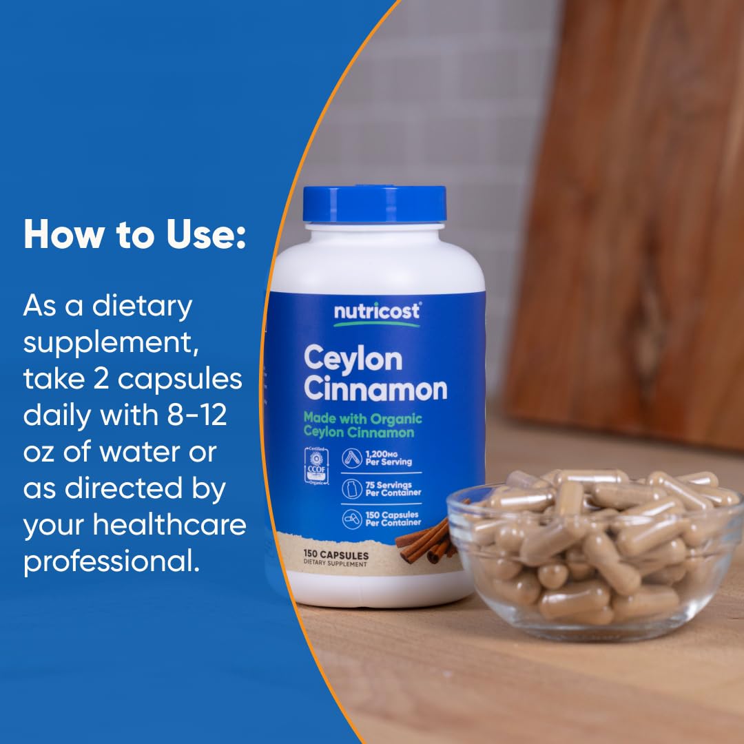 Nutricost Organic Cinnamon (Ceylon Cinnamon) 1,200mg Serving, 150 Capsules - Gluten Free, Non-GMO