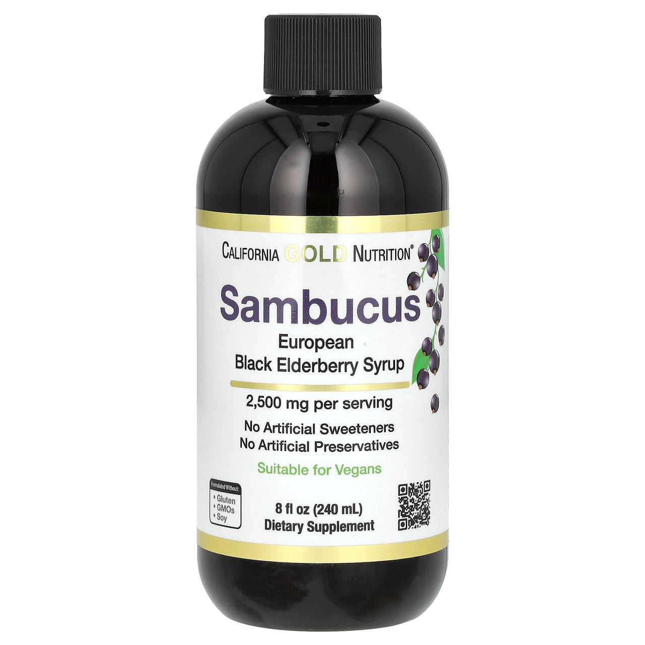 California Gold Nutrition Elderberry Syrup, Black Elderberry (Sambucus nigra) Juice Concentrate, Seasonal Immune Support, No Artificial Preservatives or Sweeteners, 2500 mg, 8 fl oz (240 ml)