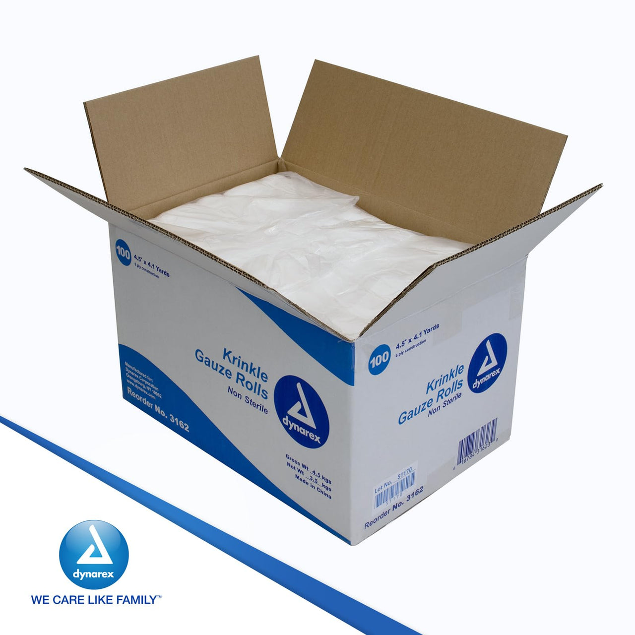 Dynarex Krinkle Non Sterile Gauze Rolls - Ultra-Absorbent Rolled Bandage Wrap Dressing for Primary Wounds - Wound Care Supplies - 4.5"x4.1 Yards, 6-ply, 1 Case of 100