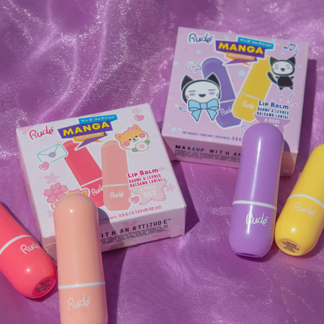 Rude Cosmetics Lip Balm Hydrating, Nourishing Lipbalm Set for Women, Lip Moisturizer for Dry Cracked Lips, Vegan & Cruelty-Free, Manga Collection/Watermelon & Peach