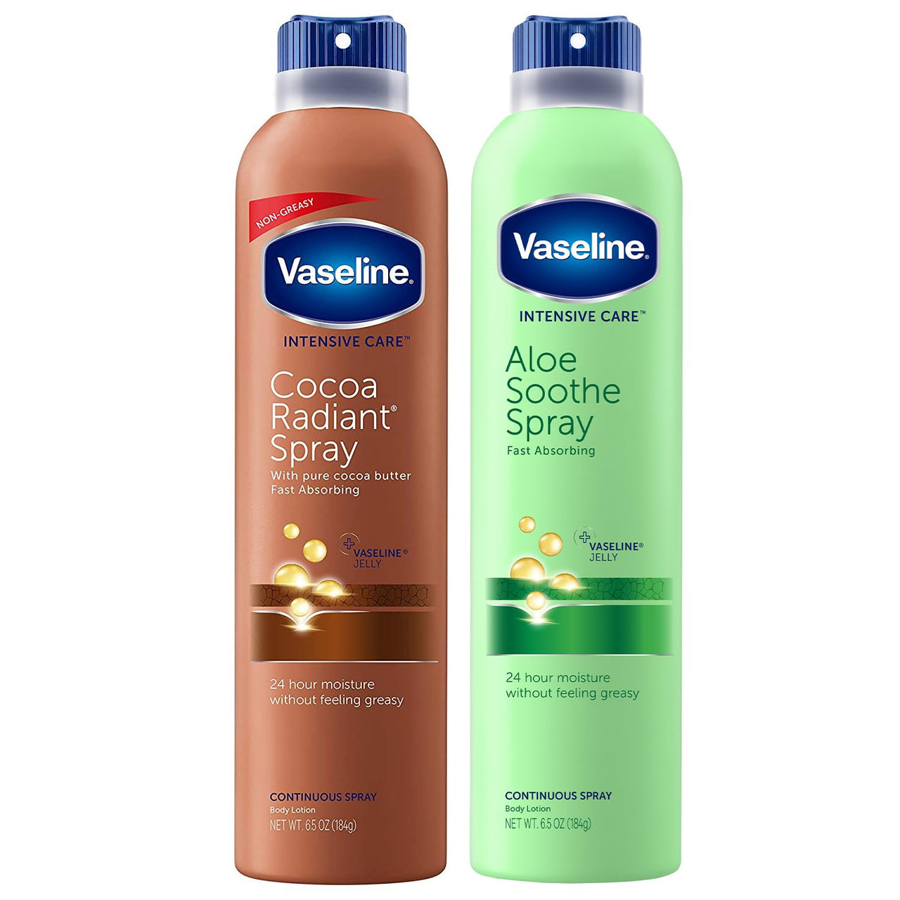 Vaseline Cocoa Radiant+ Aloe Soothe Spray Variety 2-Pack – Non-Greasy, Fast-Absorbing All-Over Moisturizer for Dry Skin, 6.5 Oz Ea