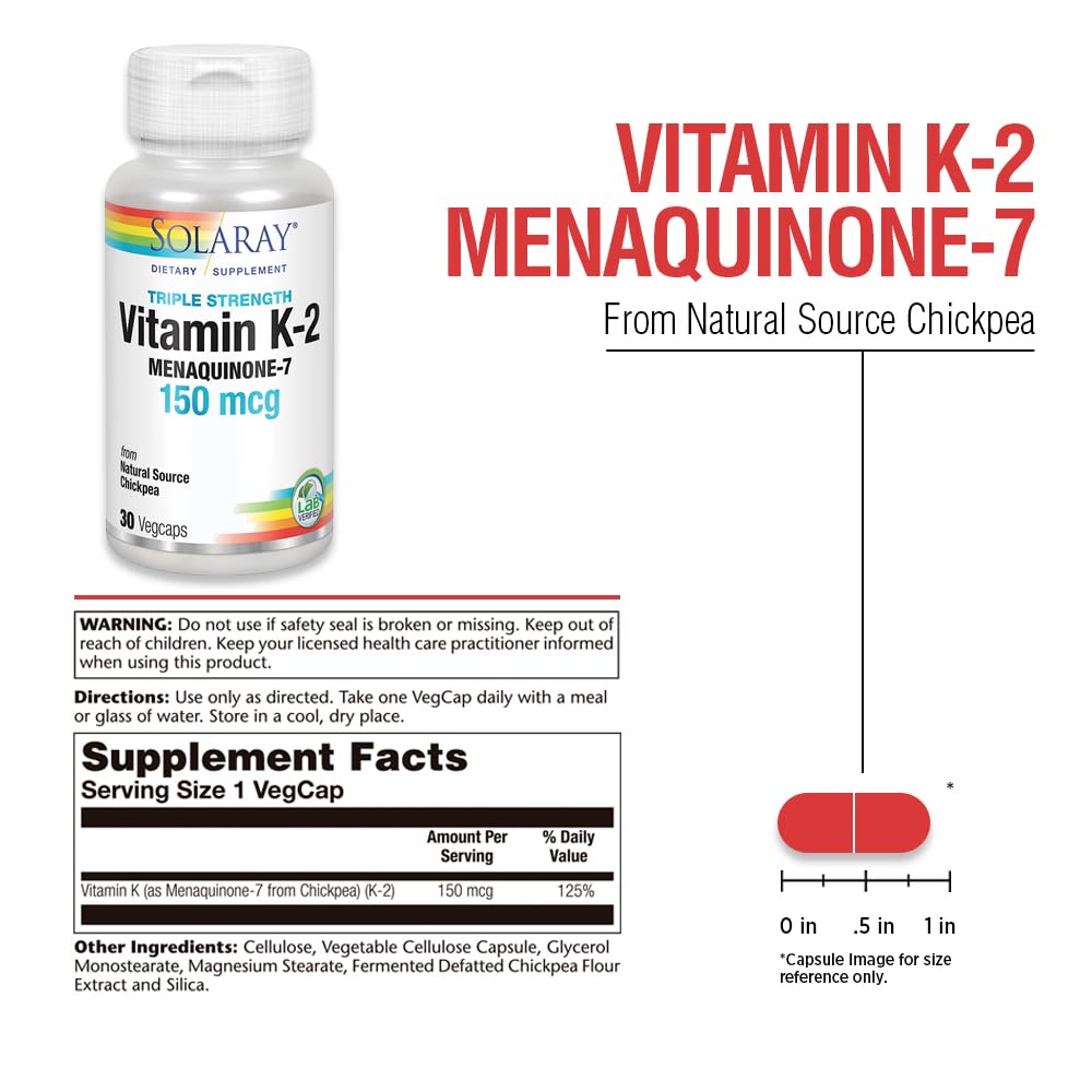 Solaray Triple Strength Vitamin K-2 as MK-7 150 mcg - Vitamin K2 MK7 Supplement for Bone Health Support, Pure Vit K2 as Menaquinone for Women and Men - 30 Vegan Capsules