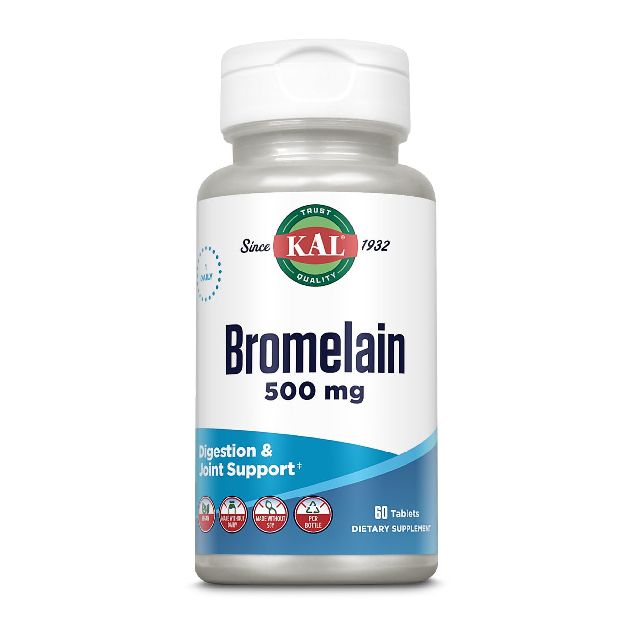 KAL Bromelain 500 mg, Digestion and Joint Support Supplement, Digestive Enzymes, Pineapple Extract, Rapid Disintegration, Vegan, Made Without Dairy or Soy, Lab Verified, 60 Servings, 60 Tablets