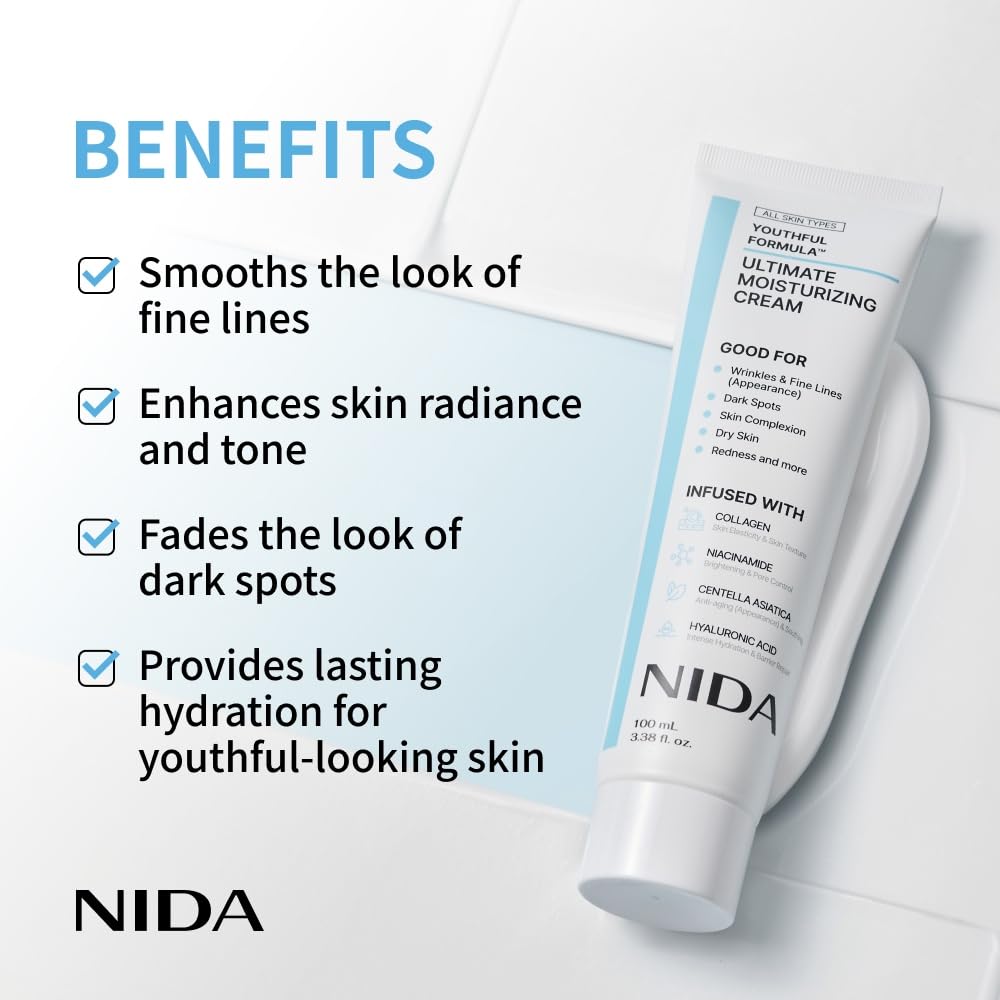 NIDA Youthful Formula™ Ultimate Moisturizing Cream | Centella Asiatica, Niacinamide, Hyaluronic Acid, Collagen | Wrinkles, Fine Lines, Dark Spots, Dry Skin, Redness | 3.38 fl. oz., 100ml (Old Formula)