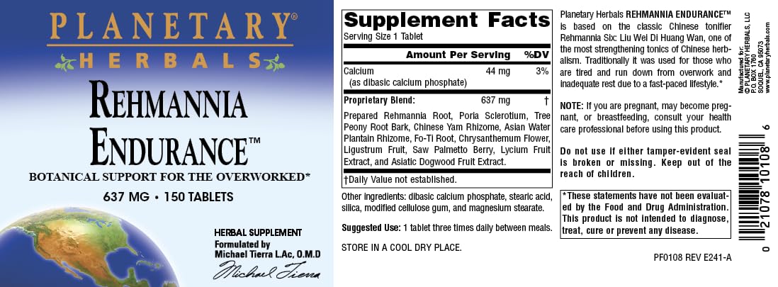 Planetary Herbals Rehmannia Endurance, Botanical Support for The Overworked*, 637mg - 150 Tablets