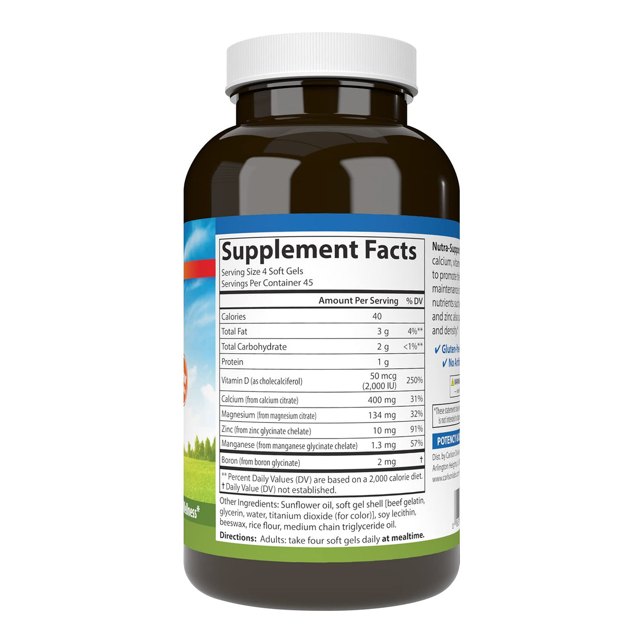Carlson - Nutra-Support Bone, Calcium, Magnesium & Vitamin D3, Bone Health, Calcium Absorption & Optimal Wellness, 180 Softgels