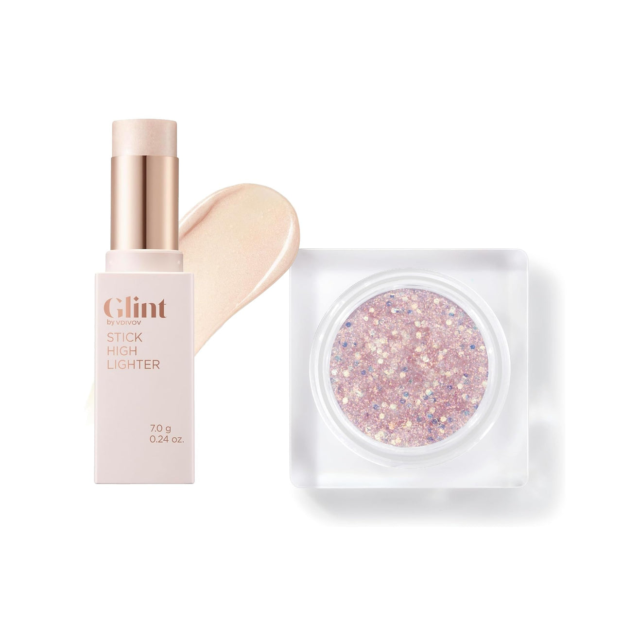 Glint Face & Body Glitter Gel (Mood Fatal, 0.1oz) & Stick Highlighter (Dewy Moon, 0.24oz) - Multi-Use Makeup for Eyes, Cheeks, Body, and Hair. Rich Pigment, Long-Lasting Sparkle/Glitter for Party, Fes