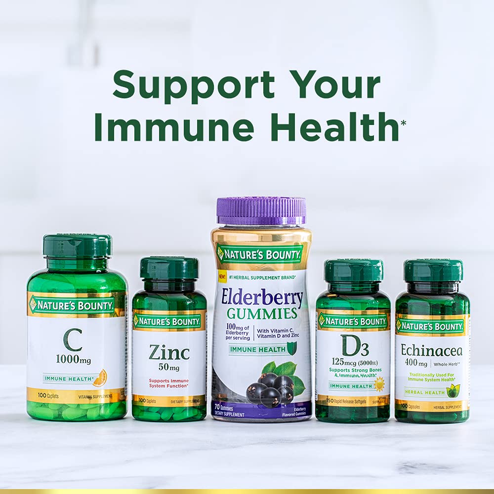 Nature's Bounty Elderberry Gummies, Dietary Supplement, Supports Immune Health, Contains Vitamin A, C, D, E and Zinc, 100 mg, 70 Gummies