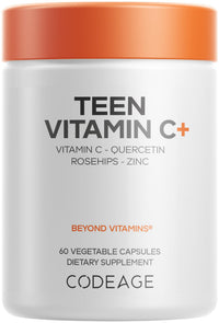 Thumbnail for Codeage Teen Vitamin C+ Supplement - Liposomal 250mg Vitamin C for Teenagers - Quercetin, Zinc, Elderberry & Rosehip Extracts, Citrus Bioflavonoids - Ages 12-18 - Gluten-Free, Non-GMO - 60 Capsules