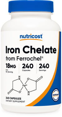 Thumbnail for Nutricost Chelated Iron (from Ferrochel) 18mg, 240 Capsules - Gluten Free, Non GMO Iron Chelate Supplement