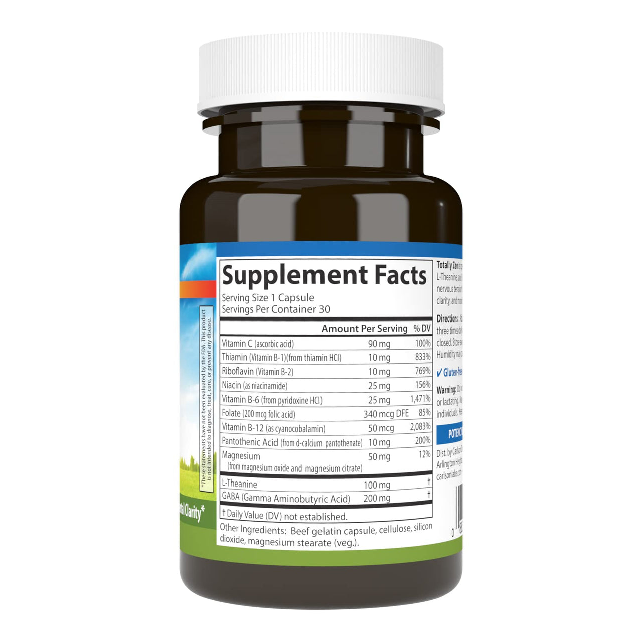 Carlson - Totally Zen, GABA, L-Theanine & B Vitamins, Healthy Mood, Promotes Calmness & Mental Clarity, 30 Capsules