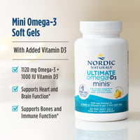 Thumbnail for Nordic Naturals Ultimate Omega Mini D3, Lemon Flavor - 60 Mini Soft Gels - 1120 mg Omega-3 + 1000 IU Vitamin D3 - EPA & DHA - Promotes Brain & Heart Health - 30 Servings