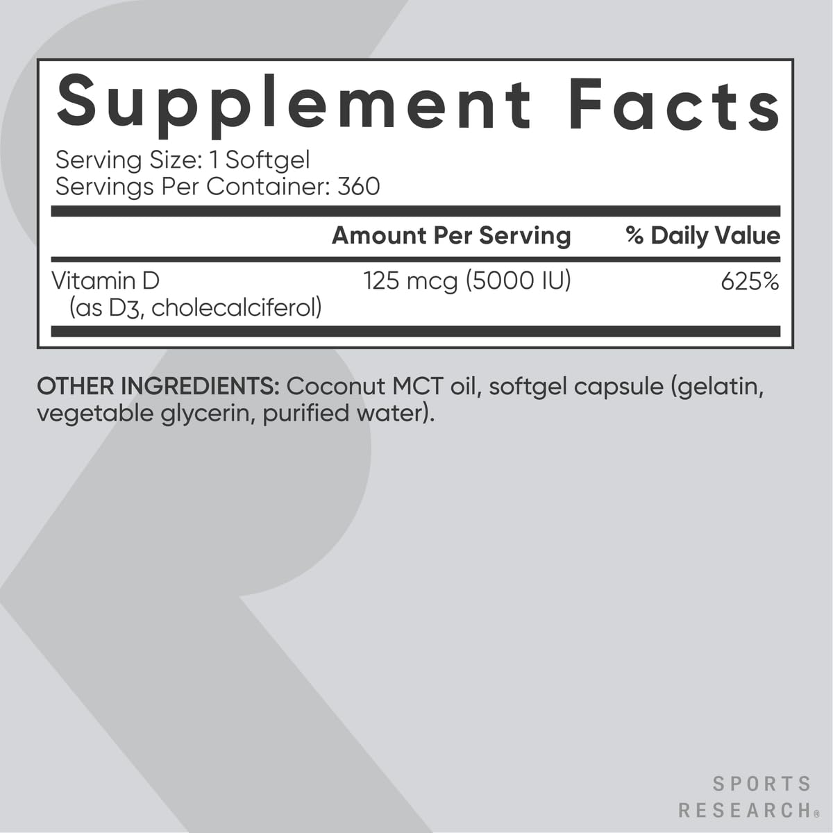 Sports Research® Vitamin D3 w/Coconut MCT Oil - High Potency Vitamin D3 5000iu (125mcg) Supplement for Immune & Bone Support - Seed Oil Free - Non-GMO - Gluten Free (360 Liquid Softgels)