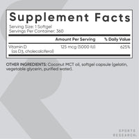 Thumbnail for Sports Research® Vitamin D3 w/Coconut MCT Oil - High Potency Vitamin D3 5000iu (125mcg) Supplement for Immune & Bone Support - Seed Oil Free - Non-GMO - Gluten Free (360 Liquid Softgels)