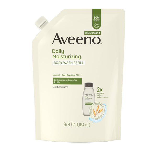 Aveeno Daily Moisturizing Body Wash for Sensitive Skin + Prebiotic Oat, Gently Cleanses, Nourishes & Feels Moisturizing Dry Skin, Light Fragrance, Refill Pouch, 36 fl. oz