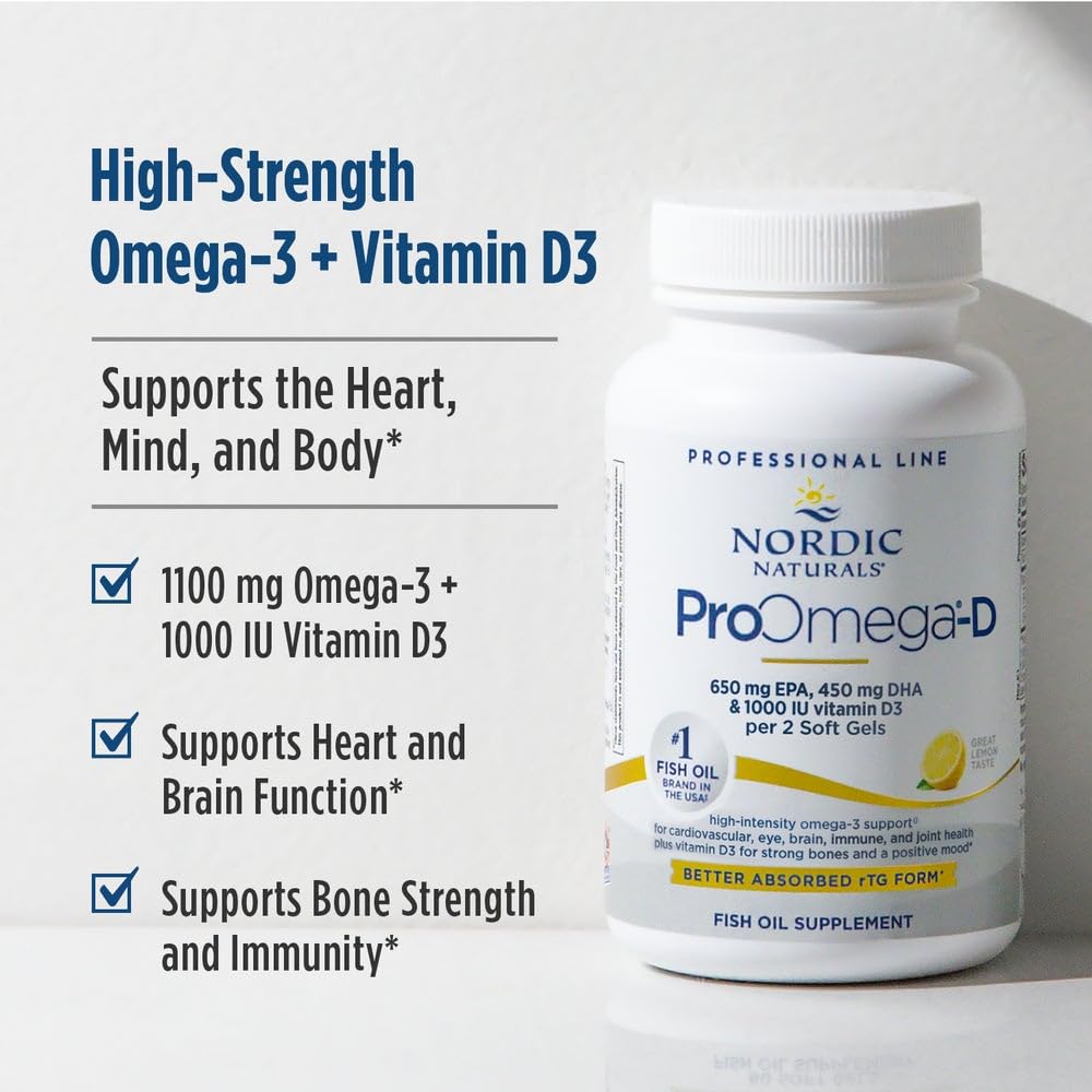 Nordic Naturals ProOmega-D, Lemon Flavor - 180 Soft Gels - 1280 mg Omega-3 + 1000 IU D3 - High-Potency Fish Oil - EPA & DHA - Brain, Eye, Heart, & Immune Health - Non-GMO - 90 Servings