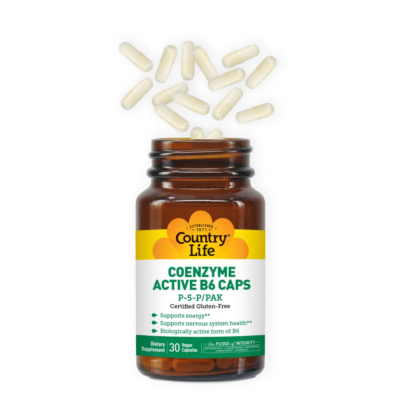 Country Life Coenzyme Active B-6, 50mg Vitamin B6-30 Vegetarian Capsules - Supports Energy, Nervous & Immune Systems - 25mg P-5-P Vitamin B6 - Certified Gluten Free, Vegan - No Artificial Additives