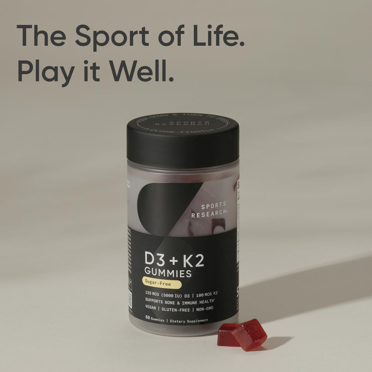 Sports Research® Vegan Vitamin D3 + K2 Sugar-Free Gummies - 125mcg (5000iu) Vitamin D w/ 100mcg Mk7 Vitamin K - Supports Bone & Immune Health* - Vegan Certified · Non-GMO · Soy Free - 60 Count