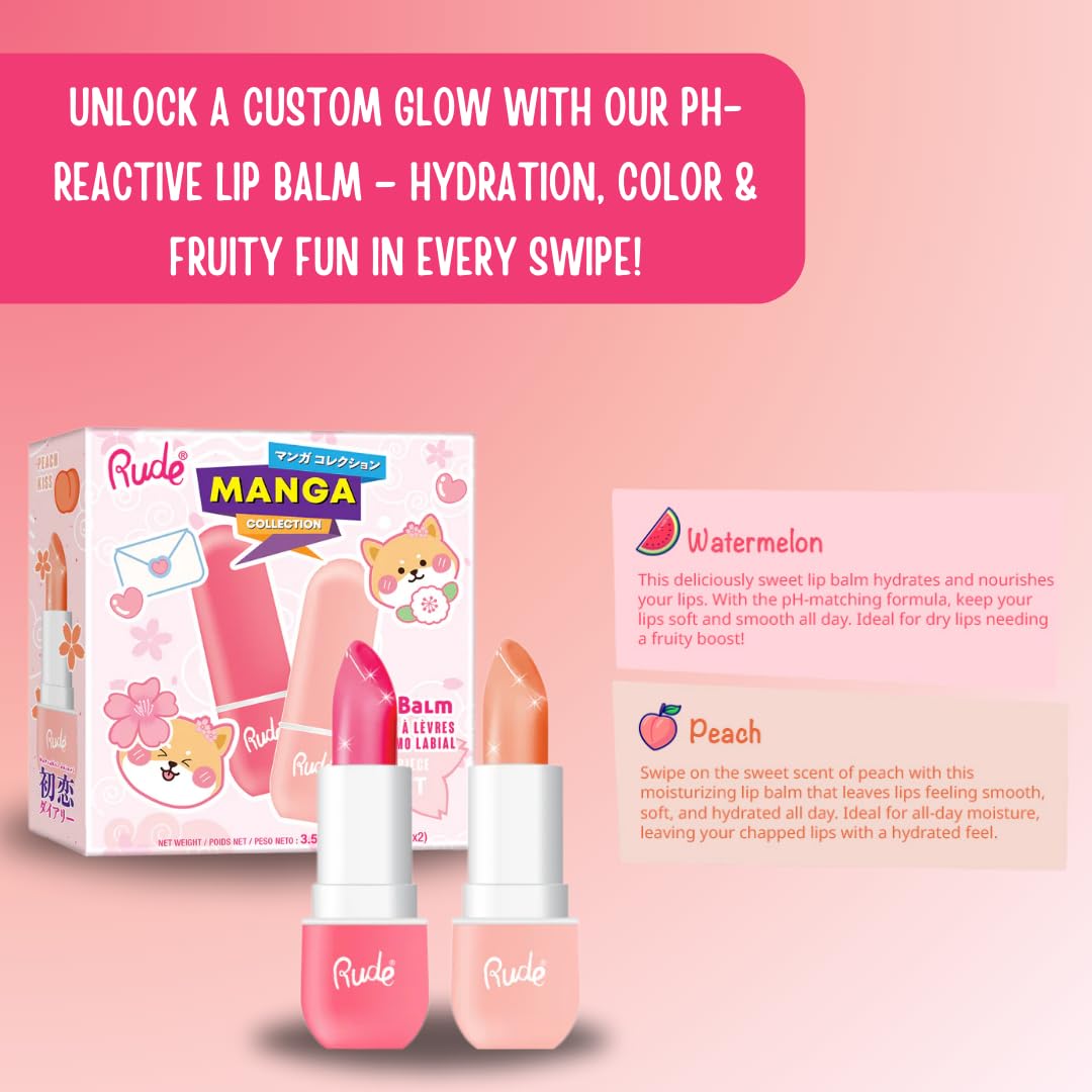 Rude Cosmetics Lip Balm Hydrating, Nourishing Lipbalm Set for Women, Lip Moisturizer for Dry Cracked Lips, Vegan & Cruelty-Free, Manga Collection/Watermelon & Peach