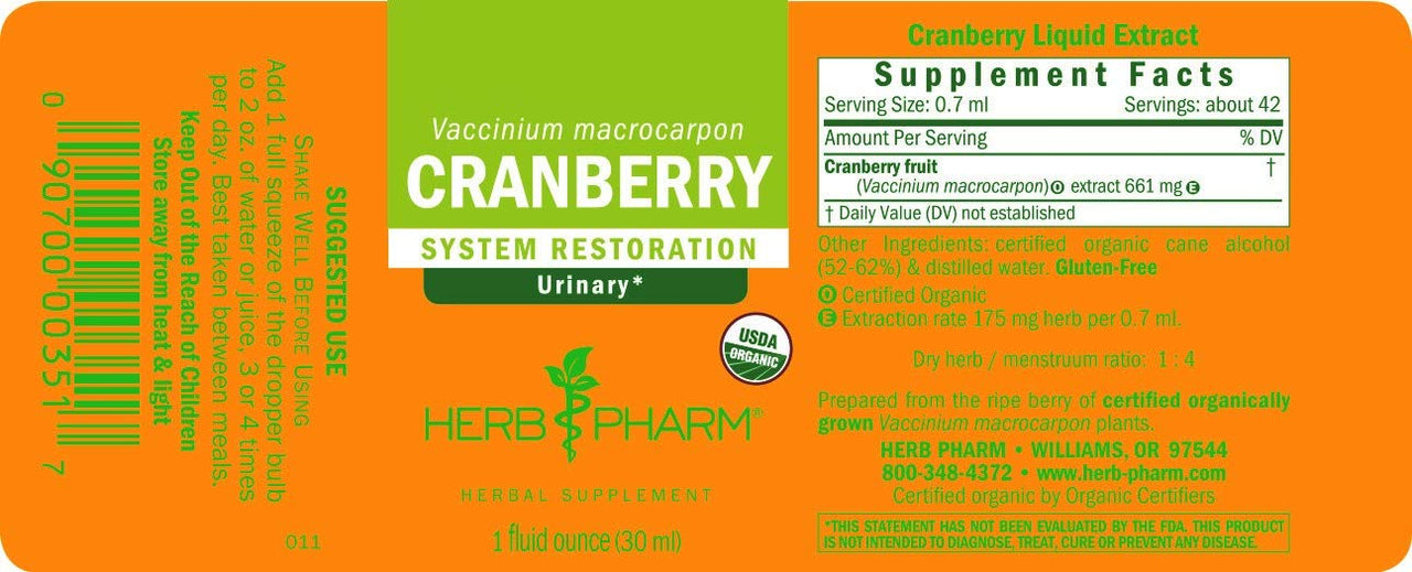 Herb Pharm Certified Organic Cranberry Liquid Extract for Urinary Tract Support - 1 Ounce