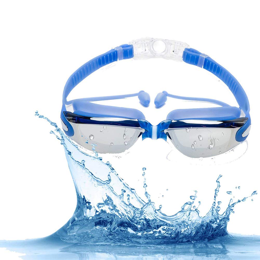 Aokelily Swim Goggles and Cap Set 4 in 1, UV 400 Protection Lenses Clear Anti-Fog Swimming Goggles Waterproof No Leaking with Nose Clip + Ear Plugs for Adult Men Women Kids (Blue)