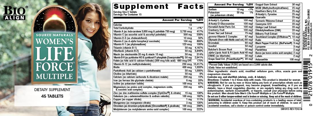 Source Naturals Women's Life Force Multiple, Daily Multivitamin & Immune Health Supplement - 45 Tablets