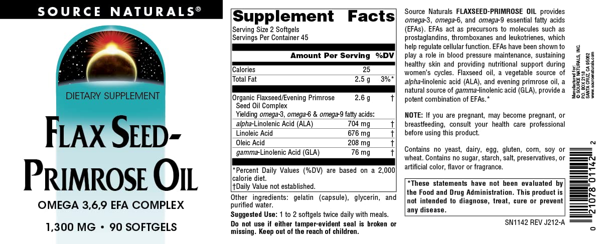 Source Naturals Flax Seed-Primrose Oil, Omega 3,6,9 EFA Complex, 1300mg - 90 Softgels