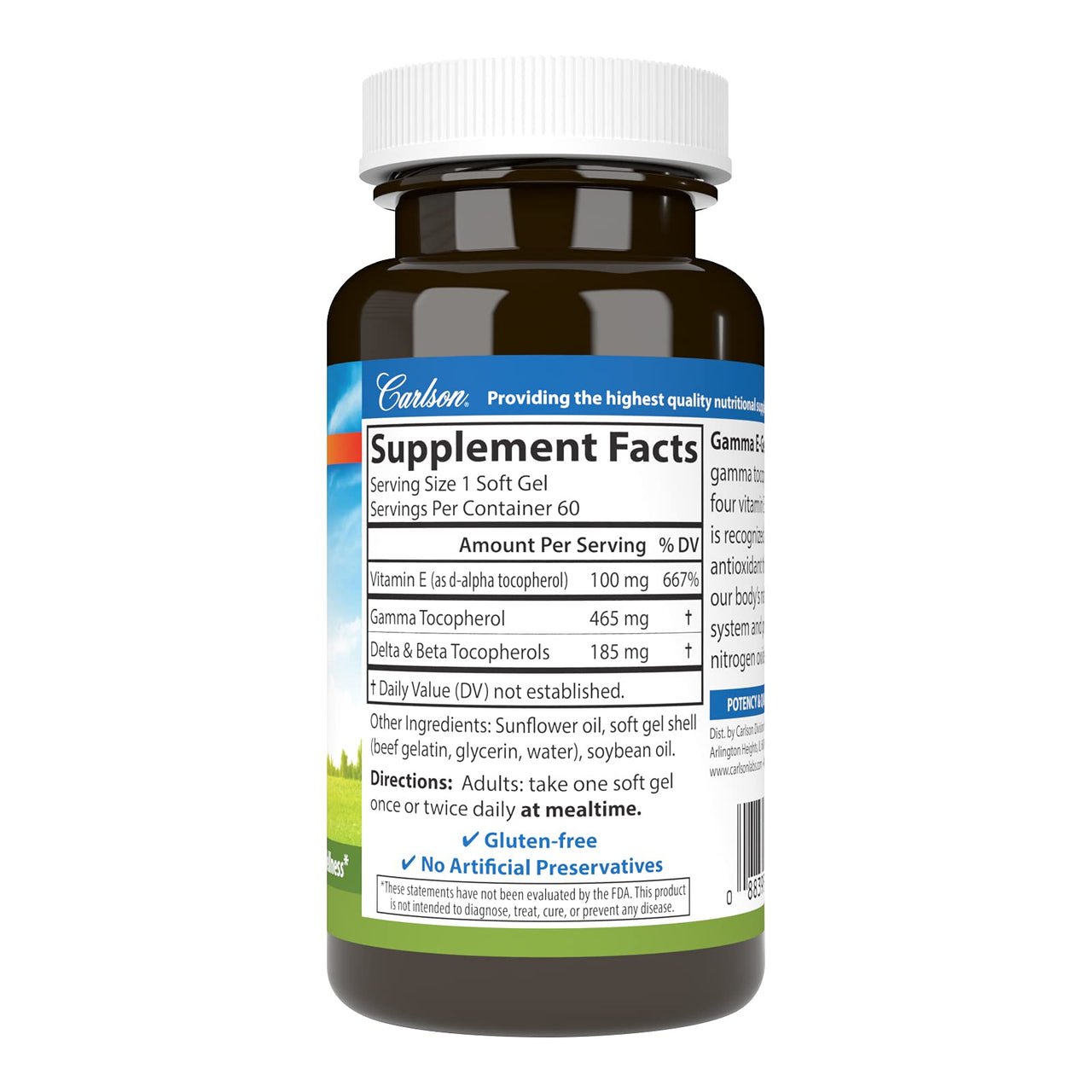 Carlson - Gamma E-Gems, Gamma Tocopherol 465 mg, Heart Health & Optimal Wellness, Antioxidant, 60 Soft gels