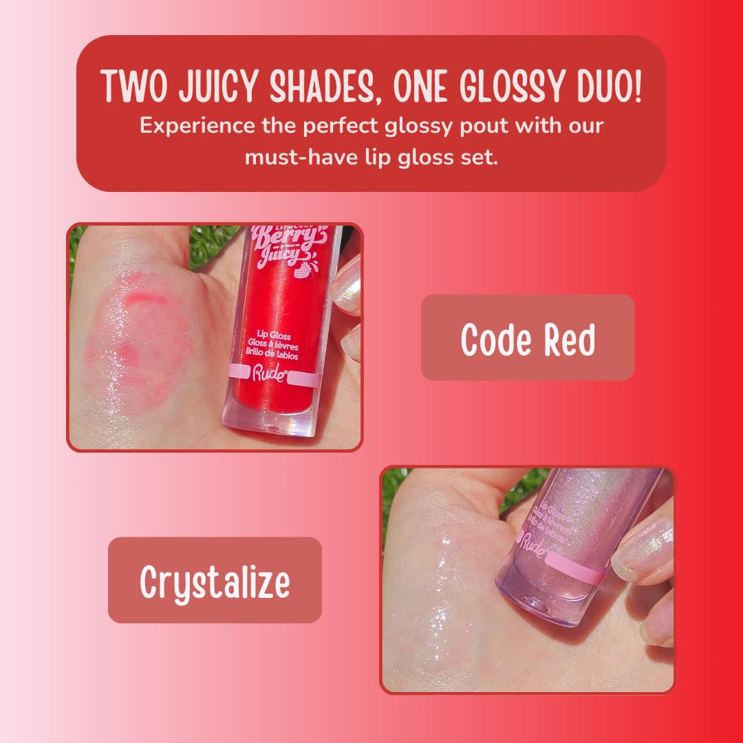 RUDE Cosmetics Berry Juicy Lip Gloss for Women, High Shine Lip Glosses Set, Moisturizing & Hydrating Lipgloss for Girls, Ideal for Day & Night Makeup Looks, Crystalize & Code Red