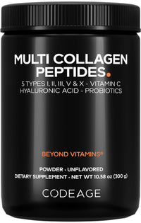 Thumbnail for Codeage Multi Collagen Peptides Powder + Probiotics Black Edition, Vitamin C, Hyaluronic Acid Powder Supplement, Grass-Fed, Hydrolyzed, Zero Carbs, Type I, II, III, V & X, Unflavored, 10.58oz